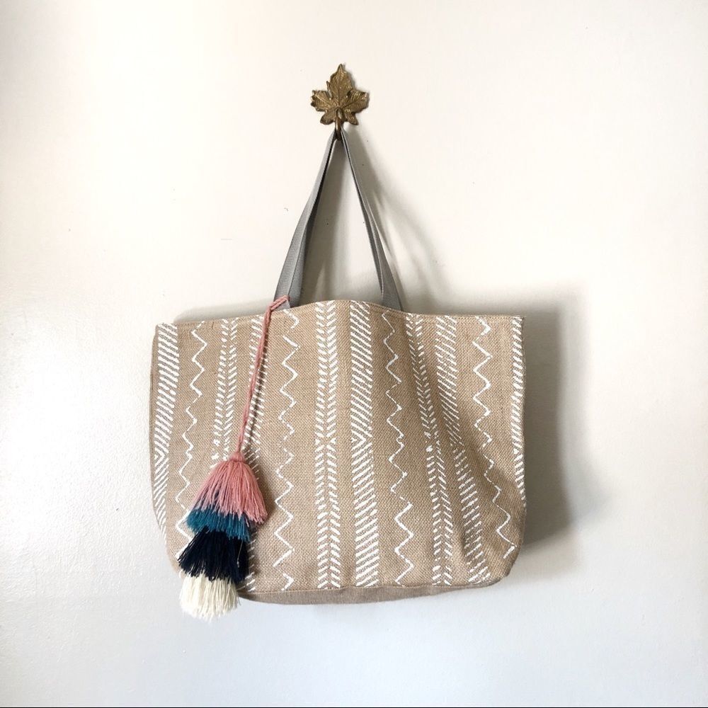 Maurices Chevron Burlap Large Tassel Tote
